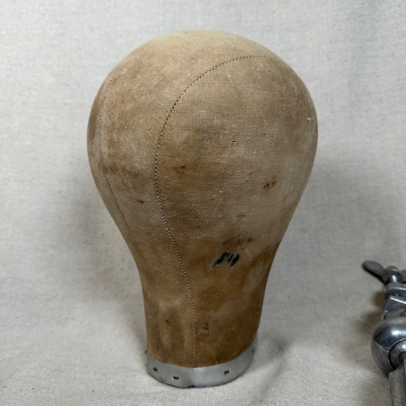 Vintage Canvas Wig Head Mannequin Hat Block with Metal Table Clamp Millinery - Picture 6 of 8